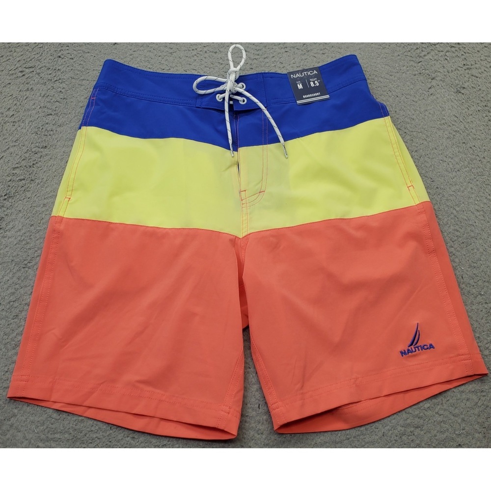 Nautica Board Shorts Men Medium Multi Colorblock Swimwear Drawstring 8.5" Inseam